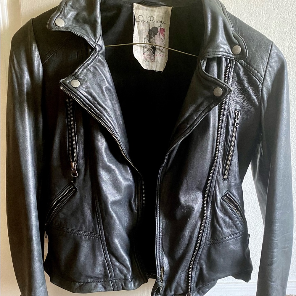 Black faux leather Free People motorcycle jacket